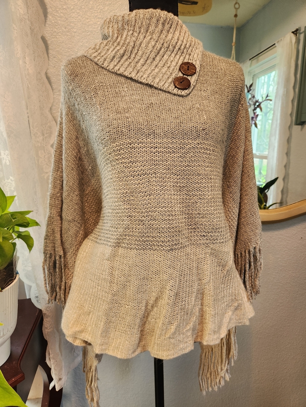 Romantic Hut Beige Knit Poncho with Button Accents And Fringe